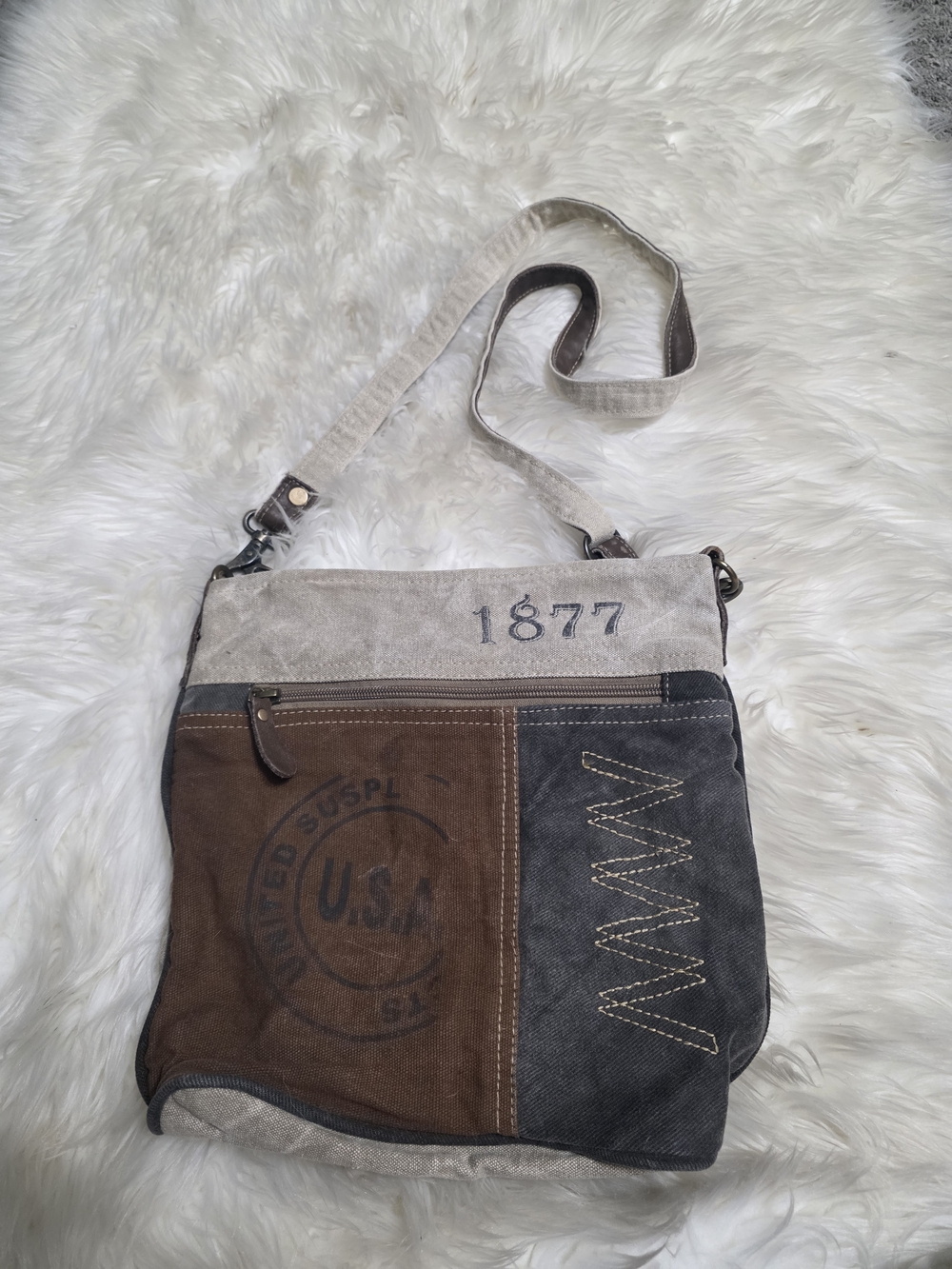 Myra Bag Canvas Patchwork Messenger in Beige, Brown & Black